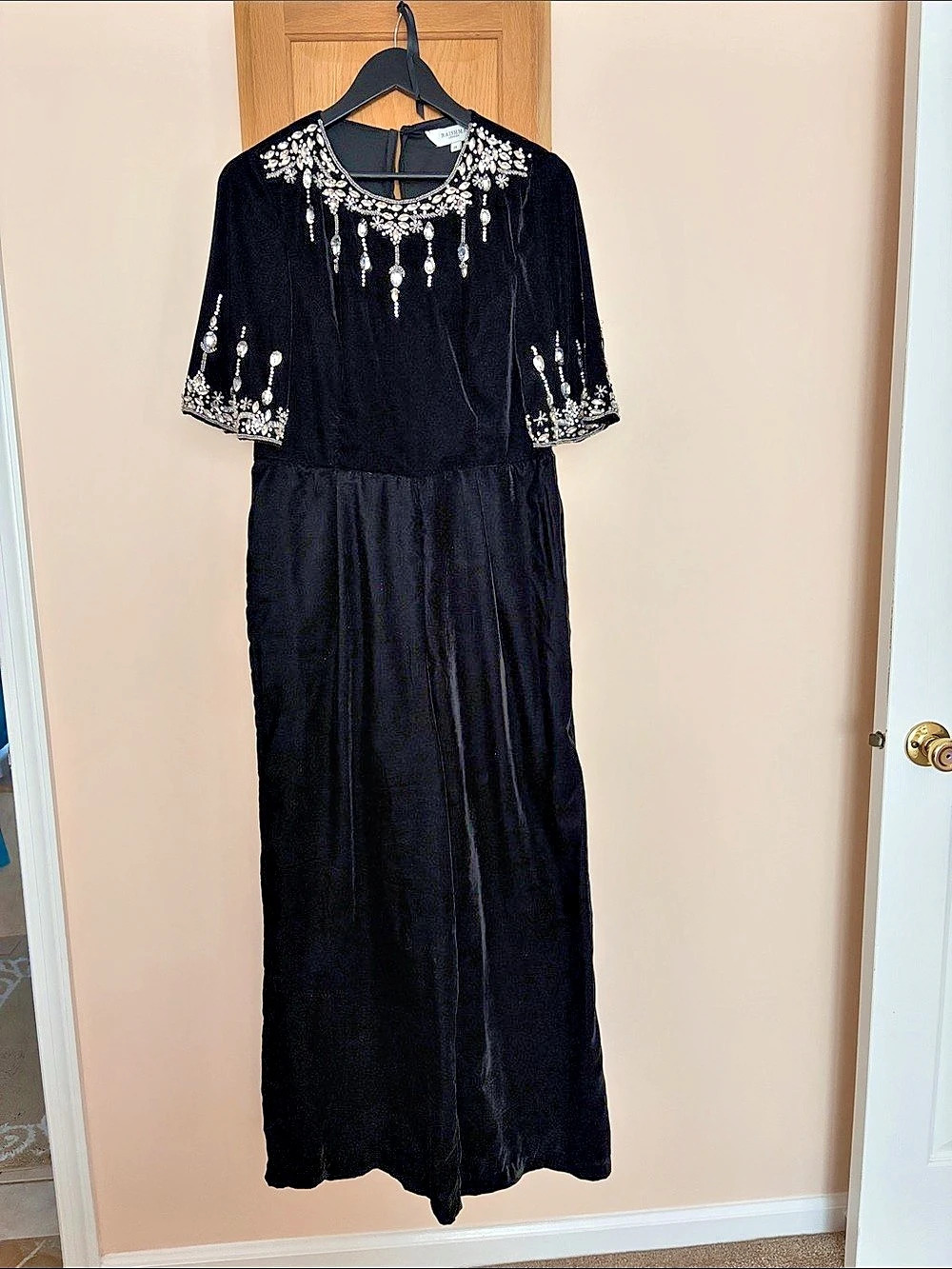 Raishma London Luna Velvet Embellished Wide Leg Jumpsuit Black 14
